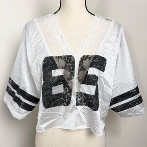 New Fashion Nova Lucky 85 Lace Jersey Tee Womens S White Cropped Loose Y2K  Mesh